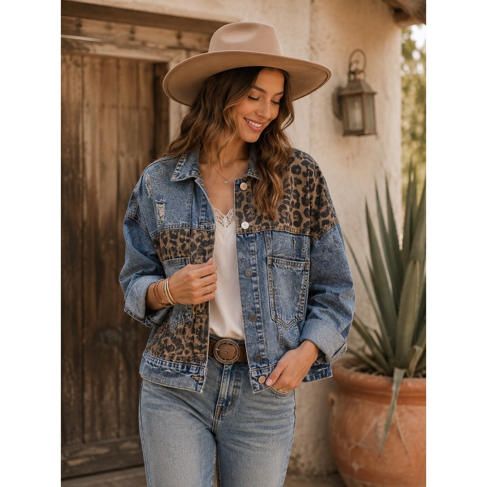Leopard Print Denim Jacket Medium Boho Western Cowgirl Statement Jacket